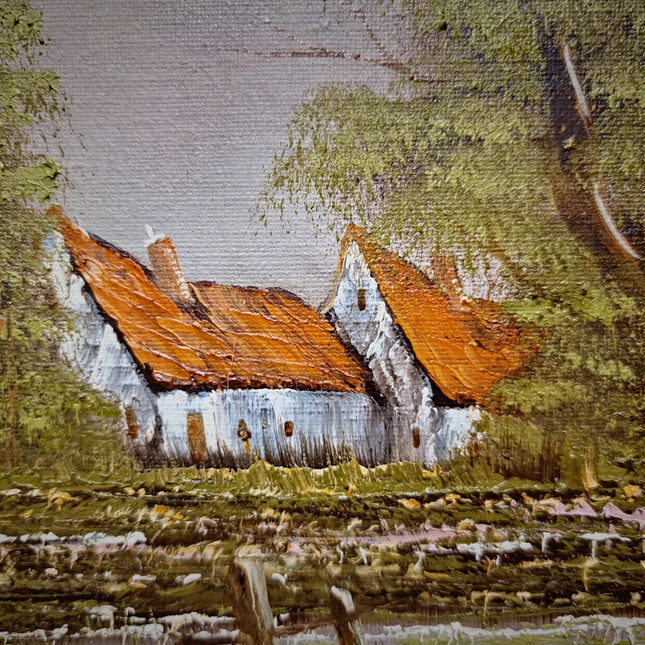 Vintage Belgian Oil Painting, Signed Woodland Landscape, Framed Rustic Wall Decor, Forest Cottage Scene, Original European Artwork