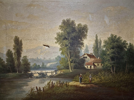 Antique French Oil Painting Landscape with Figures, 19th Century River Scene on Canvas, Large Gold Framed Wall Art, Original European Decor