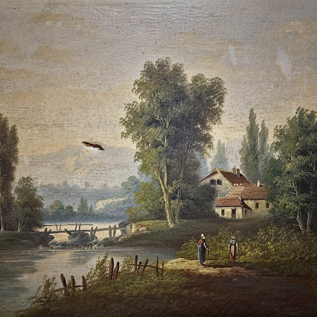 Antique French Oil Painting Landscape with Figures, 19th Century River Scene on Canvas, Large Gold Framed Wall Art, Original European Decor