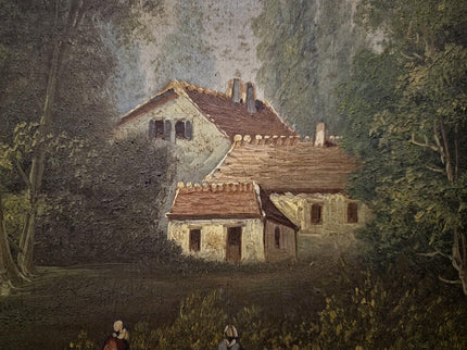 Antique French Oil Painting Landscape with Figures, 19th Century River Scene on Canvas, Large Gold Framed Wall Art, Original European Decor