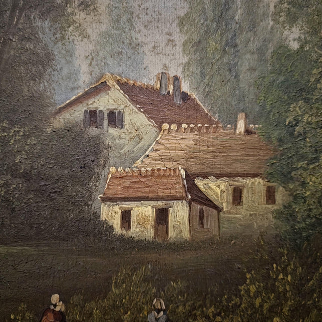 Antique French Oil Painting Landscape with Figures, 19th Century River Scene on Canvas, Large Gold Framed Wall Art, Original European Decor