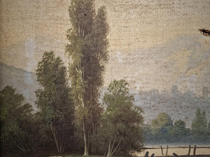 Antique French Oil Painting Landscape with Figures, 19th Century River Scene on Canvas, Large Gold Framed Wall Art, Original European Decor