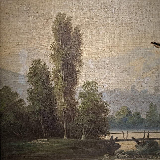 Antique French Oil Painting Landscape with Figures, 19th Century River Scene on Canvas, Large Gold Framed Wall Art, Original European Decor