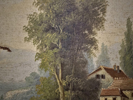 Antique French Oil Painting Landscape with Figures, 19th Century River Scene on Canvas, Large Gold Framed Wall Art, Original European Decor