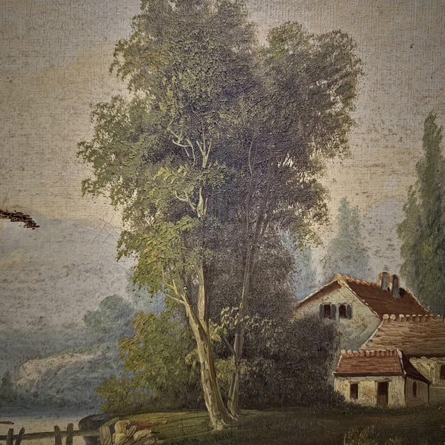 Antique French Oil Painting Landscape with Figures, 19th Century River Scene on Canvas, Large Gold Framed Wall Art, Original European Decor