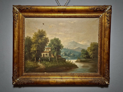 Large Antique French Oil Painting River Landscape with Figures, Original 19th Century Romantic Scene, Ornate Framed Wall Art, European Decor