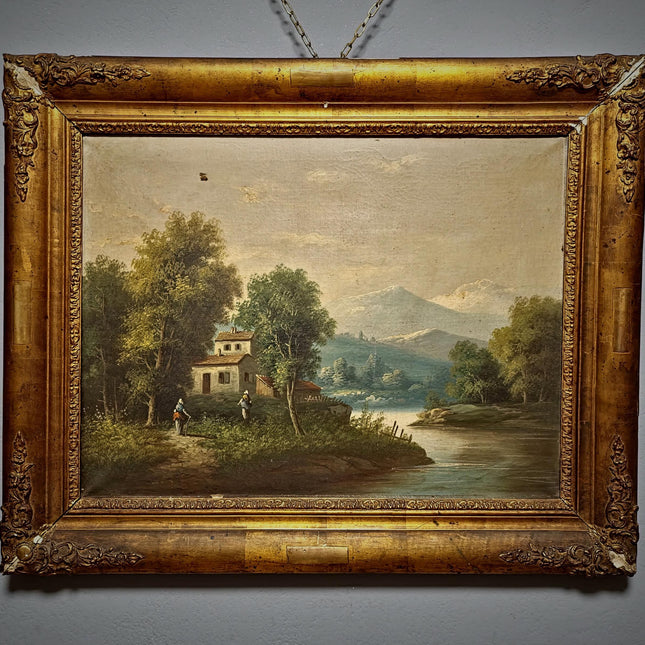 Large Antique French Oil Painting River Landscape with Figures, Original 19th Century Romantic Scene, Ornate Framed Wall Art, European Decor
