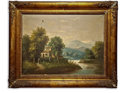 Large Antique French Oil Painting River Landscape with Figures, Original 19th Century Romantic Scene, Ornate Framed Wall Art, European Decor
