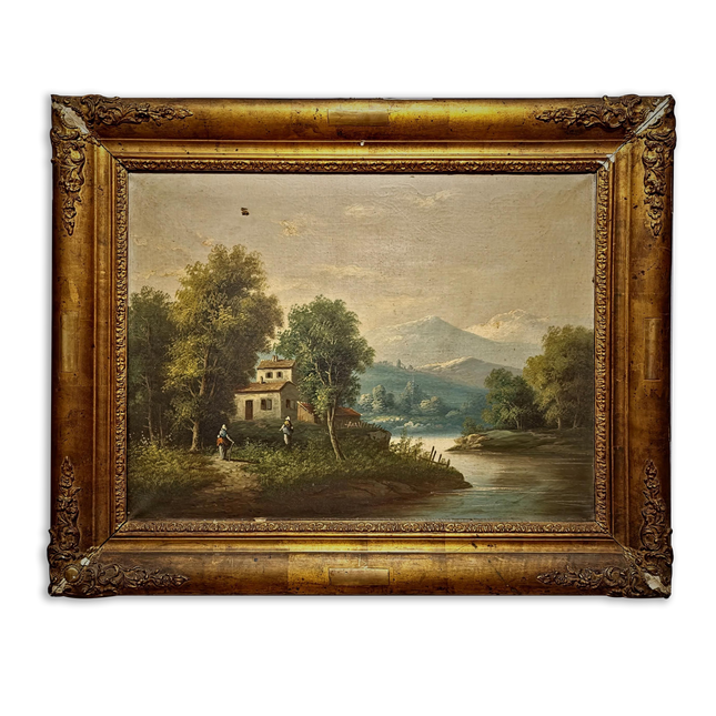 Large Antique French Oil Painting River Landscape with Figures, Original 19th Century Romantic Scene, Ornate Framed Wall Art, European Decor