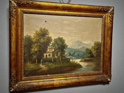 Large Antique French Oil Painting River Landscape with Figures, Original 19th Century Romantic Scene, Ornate Framed Wall Art, European Decor
