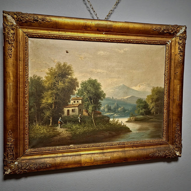 Large Antique French Oil Painting River Landscape with Figures, Original 19th Century Romantic Scene, Ornate Framed Wall Art, European Decor