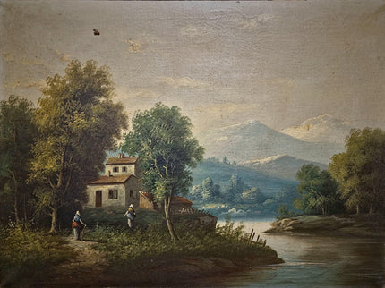 Large Antique French Oil Painting River Landscape with Figures, Original 19th Century Romantic Scene, Ornate Framed Wall Art, European Decor