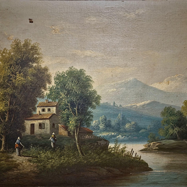 Large Antique French Oil Painting River Landscape with Figures, Original 19th Century Romantic Scene, Ornate Framed Wall Art, European Decor