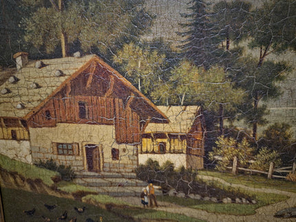 Antique French Alpine Landscape Oil Painting, Signed Mountain Lake Art, 19th Century European Chalet Scene, Gold Framed Rustic Wall Decor