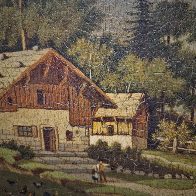 Antique French Alpine Landscape Oil Painting, Signed Mountain Lake Art, 19th Century European Chalet Scene, Gold Framed Rustic Wall Decor