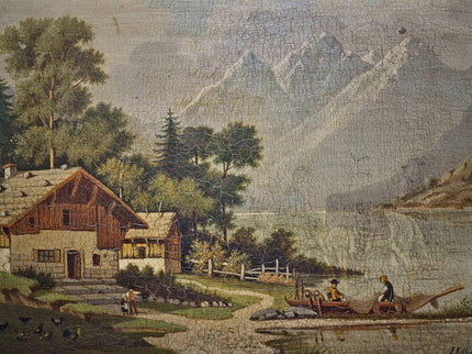 Antique French Alpine Landscape Oil Painting, Signed Mountain Lake Art, 19th Century European Chalet Scene, Gold Framed Rustic Wall Decor
