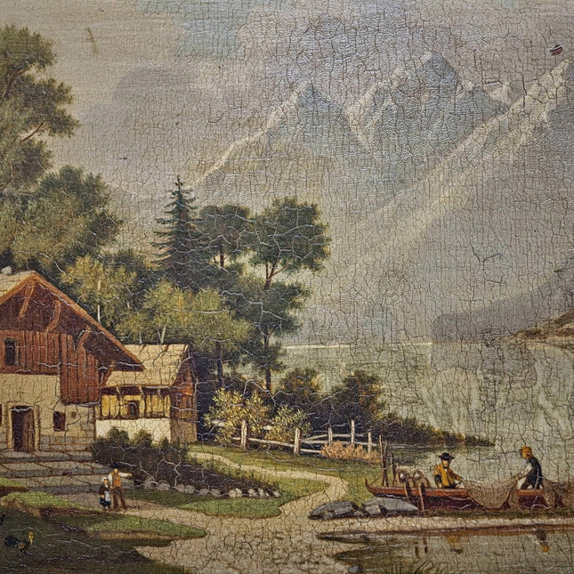 Antique French Alpine Landscape Oil Painting, Signed Mountain Lake Art, 19th Century European Chalet Scene, Gold Framed Rustic Wall Decor