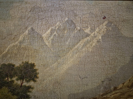 Antique French Alpine Landscape Oil Painting, Signed Mountain Lake Art, 19th Century European Chalet Scene, Gold Framed Rustic Wall Decor
