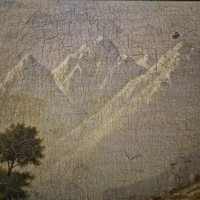 Antique French Alpine Landscape Oil Painting, Signed Mountain Lake Art, 19th Century European Chalet Scene, Gold Framed Rustic Wall Decor