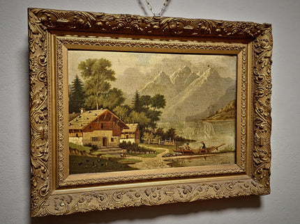 Antique French Alpine Landscape Oil Painting, Signed Mountain Lake Art, 19th Century European Chalet Scene, Gold Framed Rustic Wall Decor