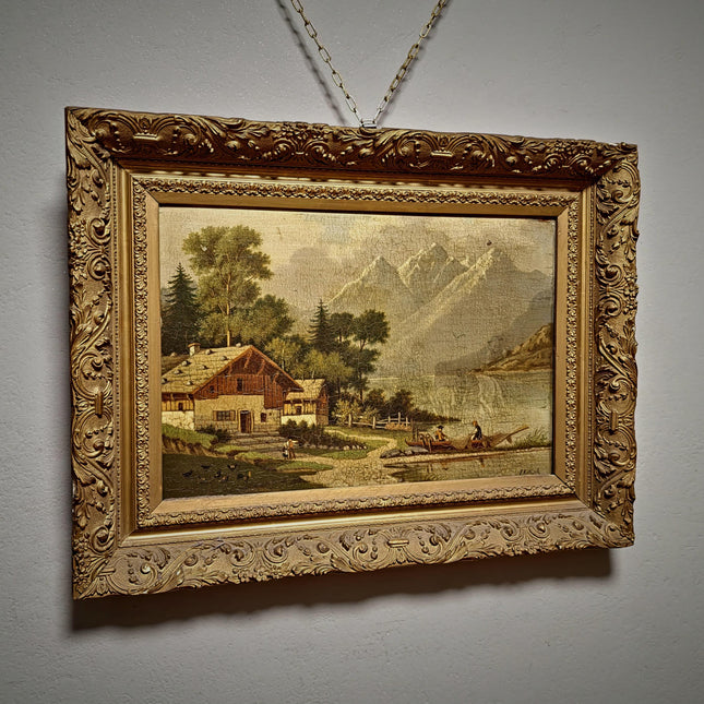Antique French Alpine Landscape Oil Painting, Signed Mountain Lake Art, 19th Century European Chalet Scene, Gold Framed Rustic Wall Decor