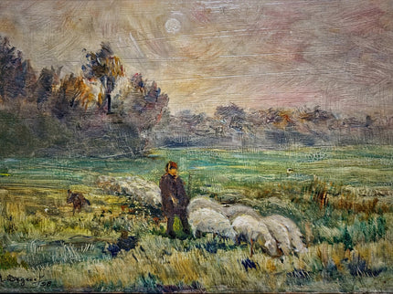 Antique French Oil Painting Pastoral Landscape with Sheep in Barbizon Style, Signed Artwork, Rustic Wall Art for Farmhouse Decor