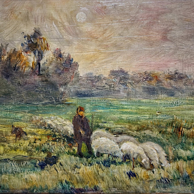 Antique French Oil Painting Pastoral Landscape with Sheep in Barbizon Style, Signed Artwork, Rustic Wall Art for Farmhouse Decor