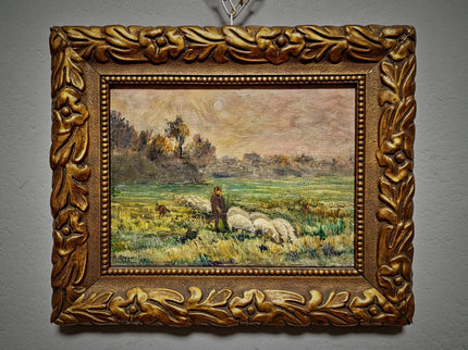 Antique French Oil Painting Pastoral Landscape with Sheep in Barbizon Style, Signed Artwork, Rustic Wall Art for Farmhouse Decor