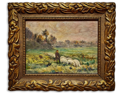 Antique French Oil Painting Pastoral Landscape with Sheep in Barbizon Style, Signed Artwork, Rustic Wall Art for Farmhouse Decor