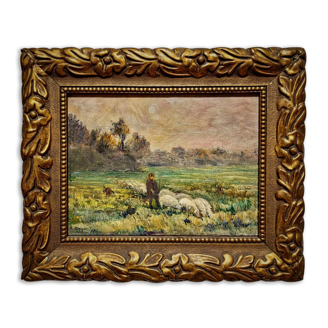 Antique French Oil Painting Pastoral Landscape with Sheep in Barbizon Style, Signed Artwork, Rustic Wall Art for Farmhouse Decor