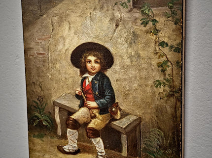 Antique French Oil Painting Portrait of Boy with Flute, Signed Genre Scene, Child Figure Artwork, European Wall Decor, Original Fine Piece