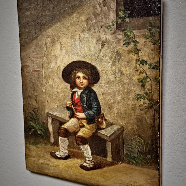 Antique French Oil Painting Portrait of Boy with Flute, Signed Genre Scene, Child Figure Artwork, European Wall Decor, Original Fine Piece