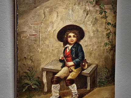 Antique French Oil Painting Portrait of Boy with Flute, Signed Genre Scene, Child Figure Artwork, European Wall Decor, Original Fine Piece