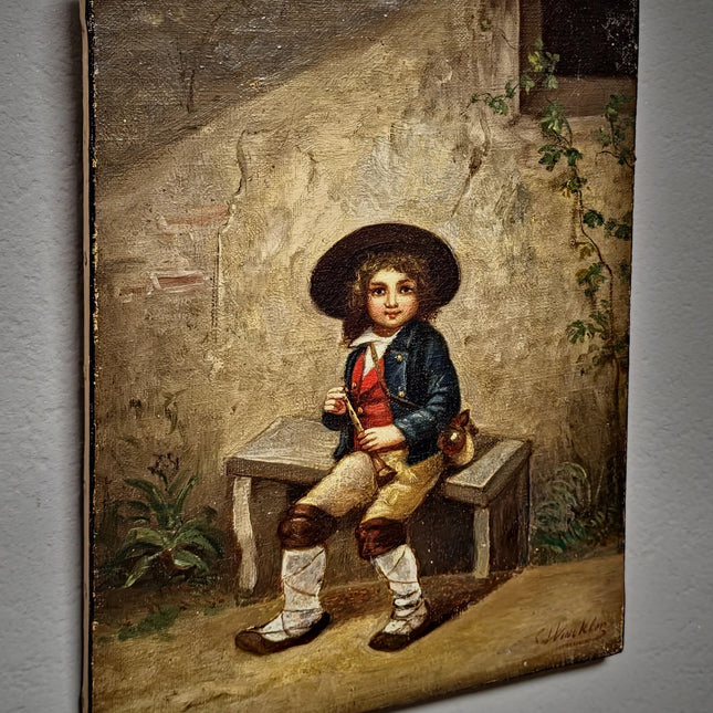 Antique French Oil Painting Portrait of Boy with Flute, Signed Genre Scene, Child Figure Artwork, European Wall Decor, Original Fine Piece