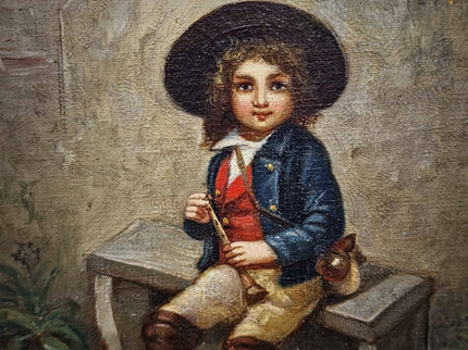 Antique French Oil Painting Portrait of Boy with Flute, Signed Genre Scene, Child Figure Artwork, European Wall Decor, Original Fine Piece