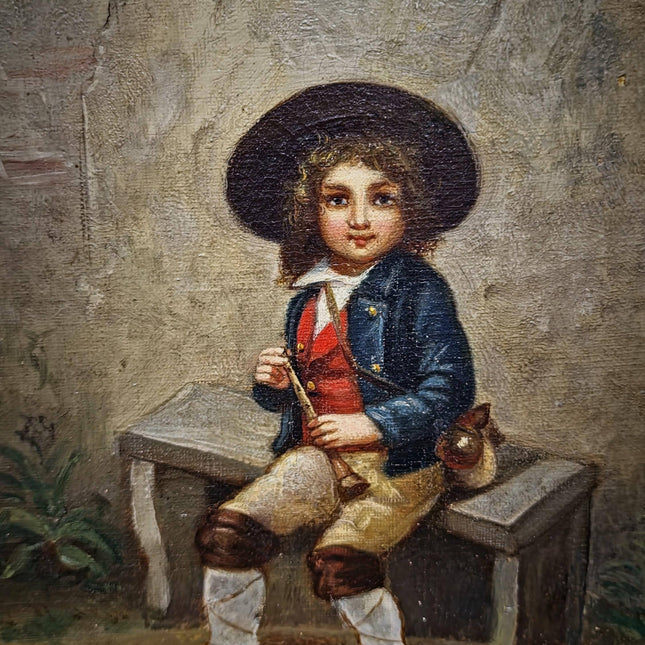 Antique French Oil Painting Portrait of Boy with Flute, Signed Genre Scene, Child Figure Artwork, European Wall Decor, Original Fine Piece