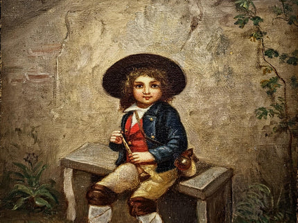 Antique French Oil Painting Portrait of Boy with Flute, Signed Genre Scene, Child Figure Artwork, European Wall Decor, Original Fine Piece