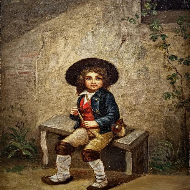Antique French Oil Painting Portrait of Boy with Flute, Signed Genre Scene, Child Figure Artwork, European Wall Decor, Original Fine Piece