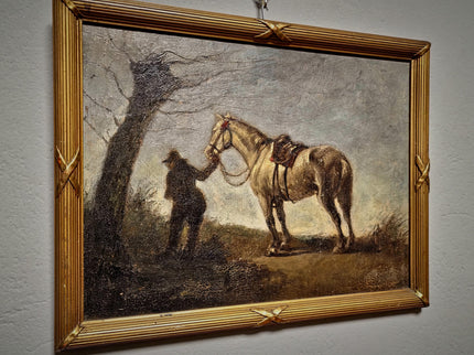 Antique French Oil Painting Horse Scene with Figure, Rural Animal Artwork, Rustic Wall Art, Equestrian Decor, Framed European Fine Piece