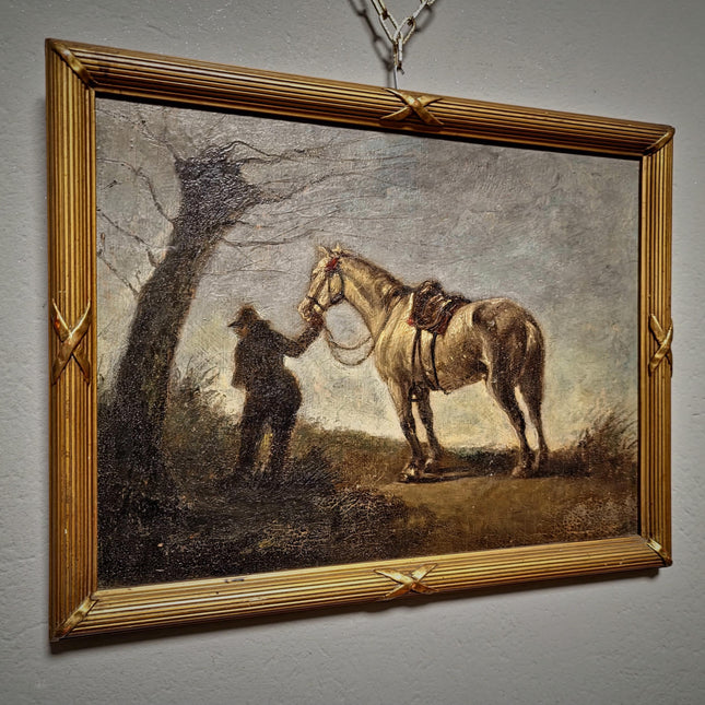 Antique French Oil Painting Horse Scene with Figure, Rural Animal Artwork, Rustic Wall Art, Equestrian Decor, Framed European Fine Piece