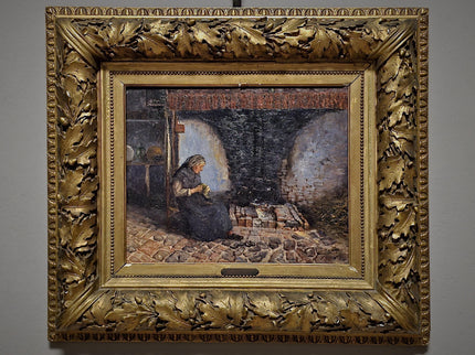 Antique Belgian Oil Painting, Interior Genre Scene, Woman Knitting by Fireplace, Signed Artwork, Ornate Wall Decor, Collectible Fine Art