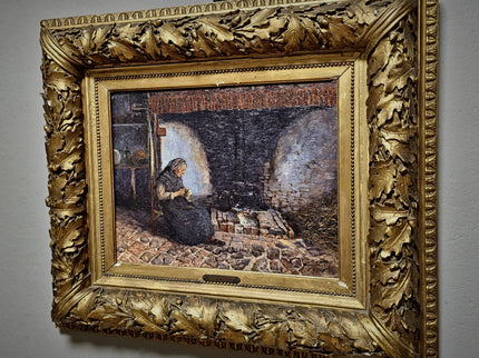 Antique Belgian Oil Painting, Interior Genre Scene, Woman Knitting by Fireplace, Signed Artwork, Ornate Wall Decor, Collectible Fine Art
