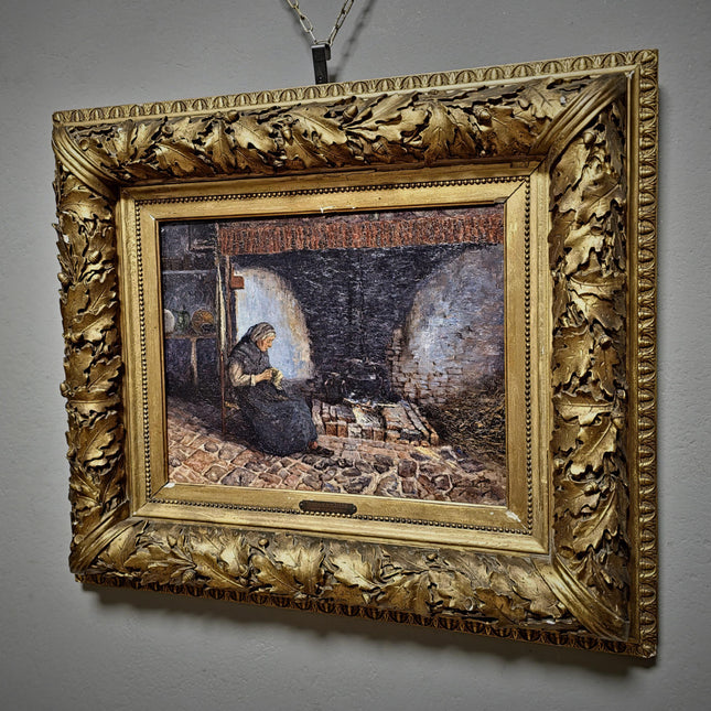 Antique Belgian Oil Painting, Interior Genre Scene, Woman Knitting by Fireplace, Signed Artwork, Ornate Wall Decor, Collectible Fine Art
