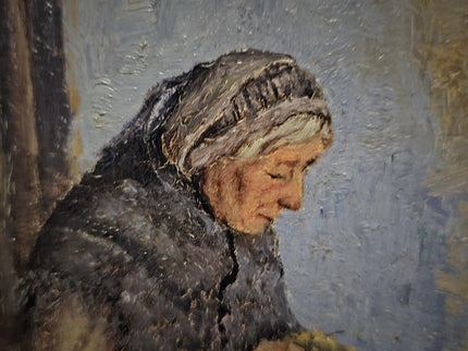 Antique Belgian Oil Painting, Interior Genre Scene, Woman Knitting by Fireplace, Signed Artwork, Ornate Wall Decor, Collectible Fine Art