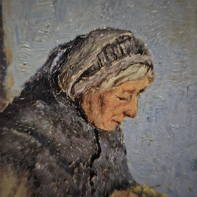 Antique Belgian Oil Painting, Interior Genre Scene, Woman Knitting by Fireplace, Signed Artwork, Ornate Wall Decor, Collectible Fine Art