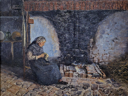 Antique Belgian Oil Painting, Interior Genre Scene, Woman Knitting by Fireplace, Signed Artwork, Ornate Wall Decor, Collectible Fine Art