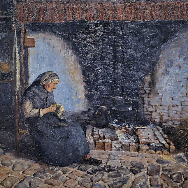 Antique Belgian Oil Painting, Interior Genre Scene, Woman Knitting by Fireplace, Signed Artwork, Ornate Wall Decor, Collectible Fine Art