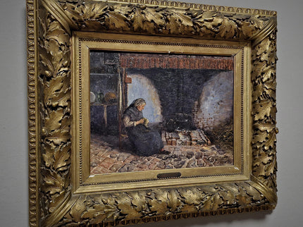 Antique Belgian Oil Painting, Interior Genre Scene, Woman Knitting by Fireplace, Signed Artwork, Ornate Wall Decor, Collectible Fine Art