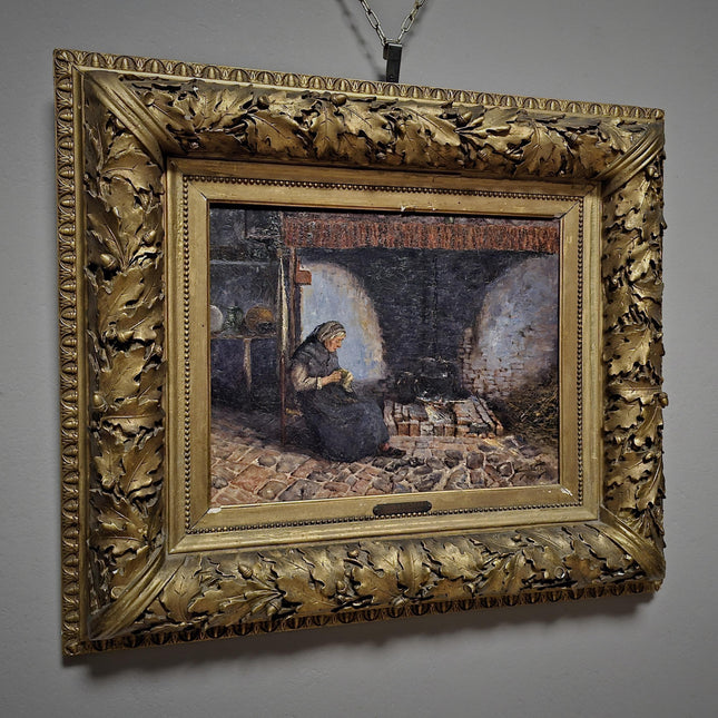 Antique Belgian Oil Painting, Interior Genre Scene, Woman Knitting by Fireplace, Signed Artwork, Ornate Wall Decor, Collectible Fine Art