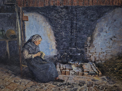 Antique Belgian Oil Painting, Interior Genre Scene, Woman Knitting by Fireplace, Signed Artwork, Ornate Wall Decor, Collectible Fine Art